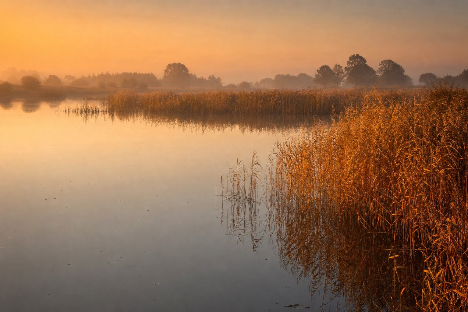 Schilf im bernsteinigen Abendlicht am Wasser