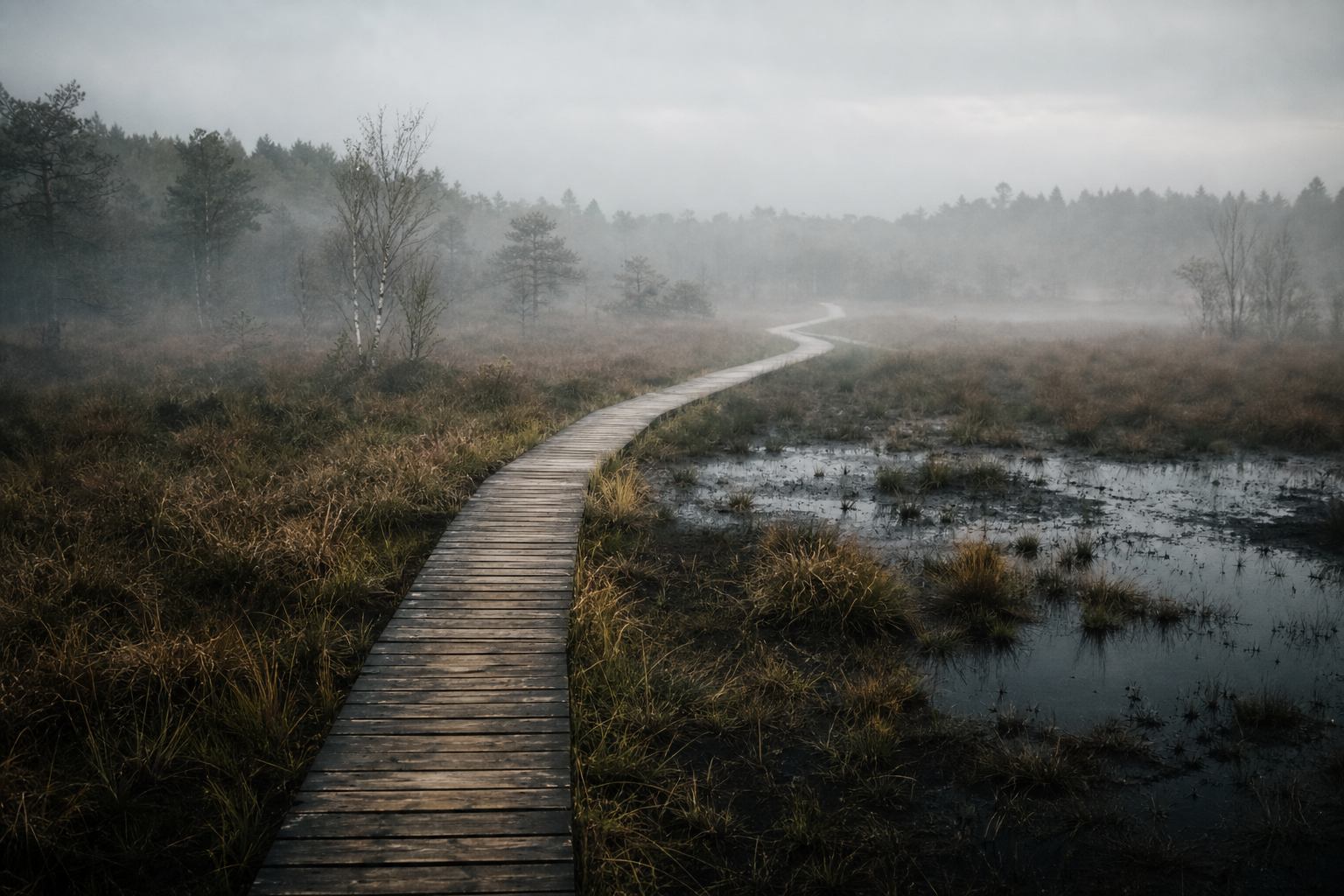 Holzsteg durch nebliges Moor in Norddeutschland