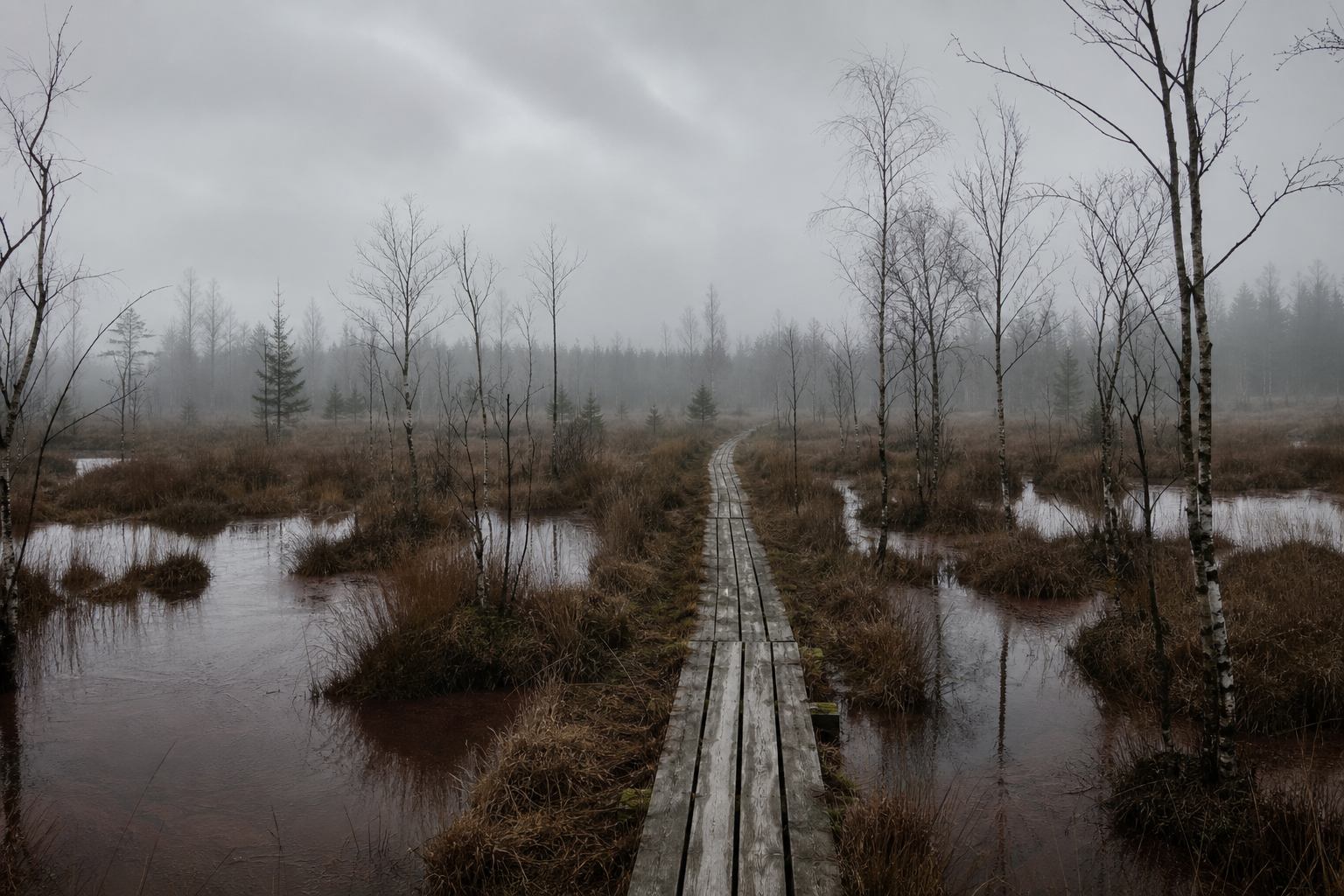 Nebel über dem Teufelsmoor mit Holzsteg